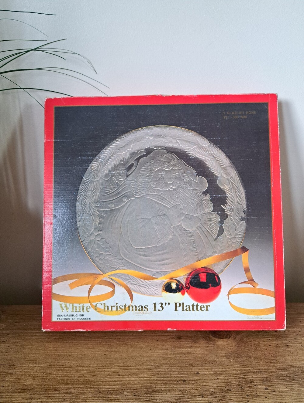 Vintage White Christmas 13" Frosted Glass Santa Platter In Box Holiday Festive
